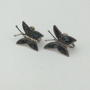 Butterfly Sterling Silver & Abalone Screw Back Earrings Vintage, Whimsical.